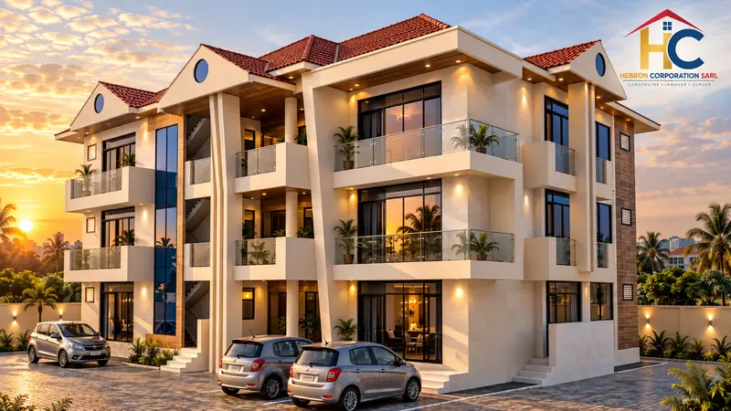 Immeuble résidentiel R+2 — Appartements avec balcons vitrés et toiture en tuiles.