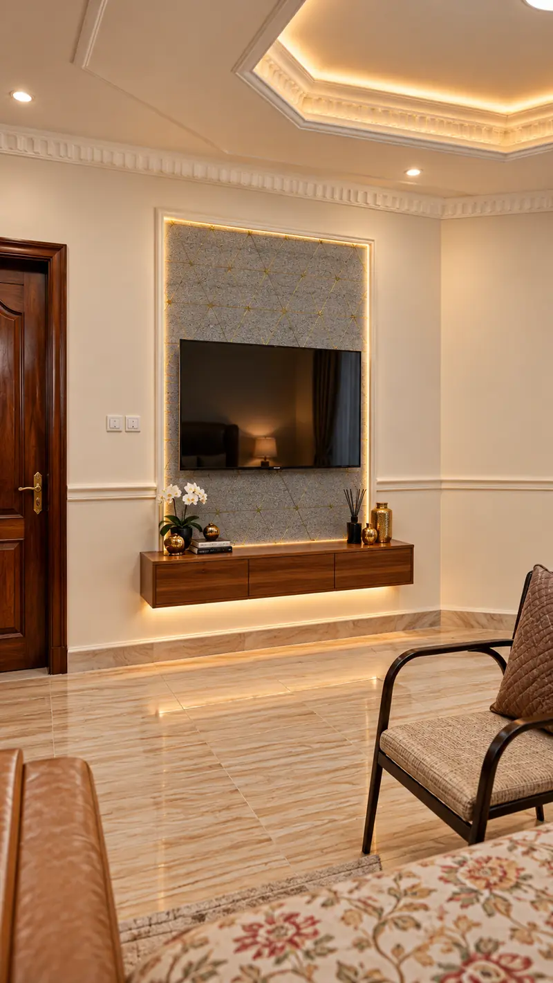 Rénovation de salon — Faux plafond, mur TV rétroéclairé, carrelage effet marbre.